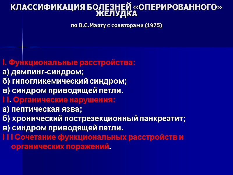 КЛАССИФИКАЦИЯ БОЛЕЗНЕЙ «ОПЕРИРОВАННОГО» ЖЕЛУДКА по В.С.Маяту с соавторами (1975) I. Функциональные КЛАССИФИКАЦИЯ БОЛЕЗНЕЙ «ОПЕРИРОВАННОГО» ЖЕЛУДКА по В.С.Маяту с соавторами (1975) I. Функциональные